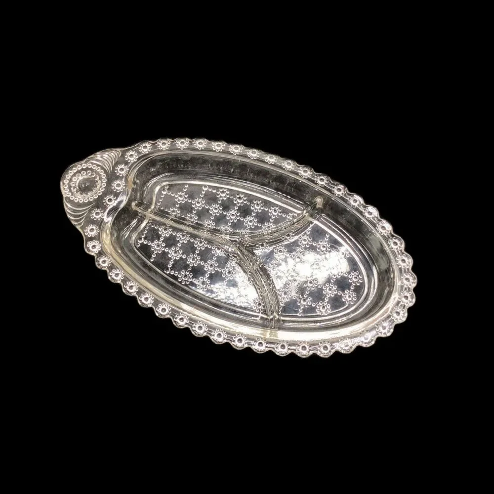 Mid Century Pressed Glass Divided Relish Tray Dish Daisy Chain Beaded Block